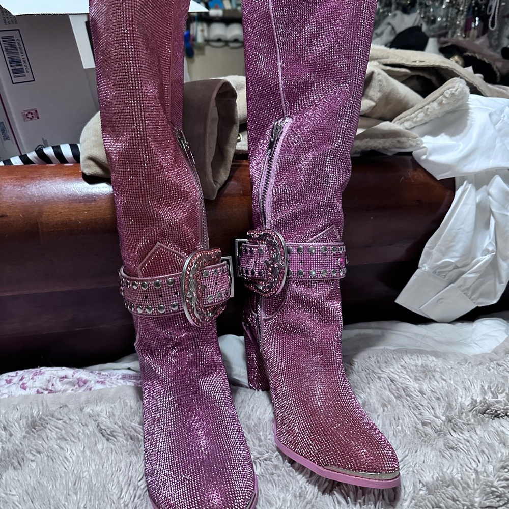 Dolls Kill Pink Rhinestone Heeled Boots